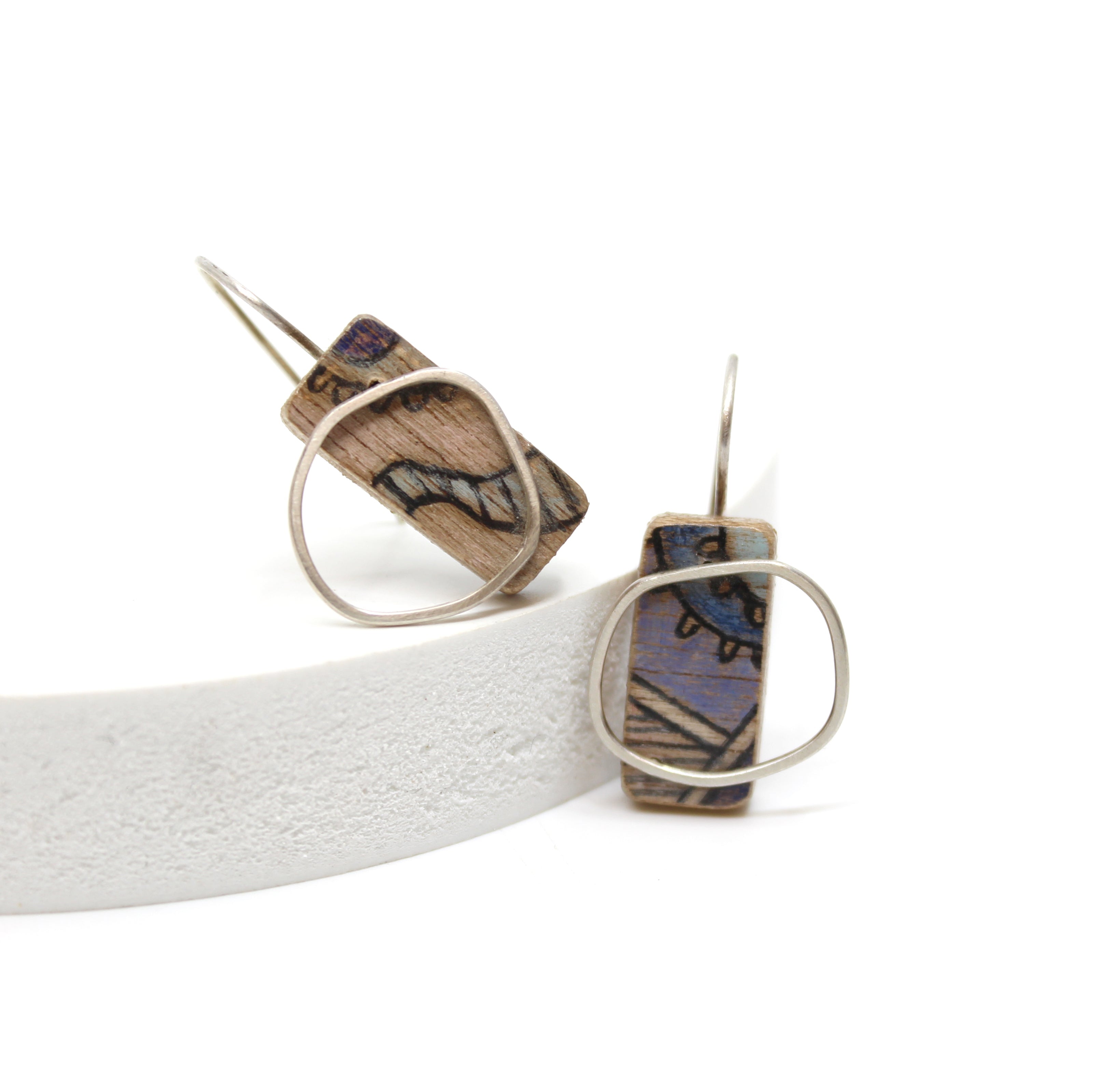 Hand coloured plywood and sterling silver frame earring S Jewellery Chloe Waddell