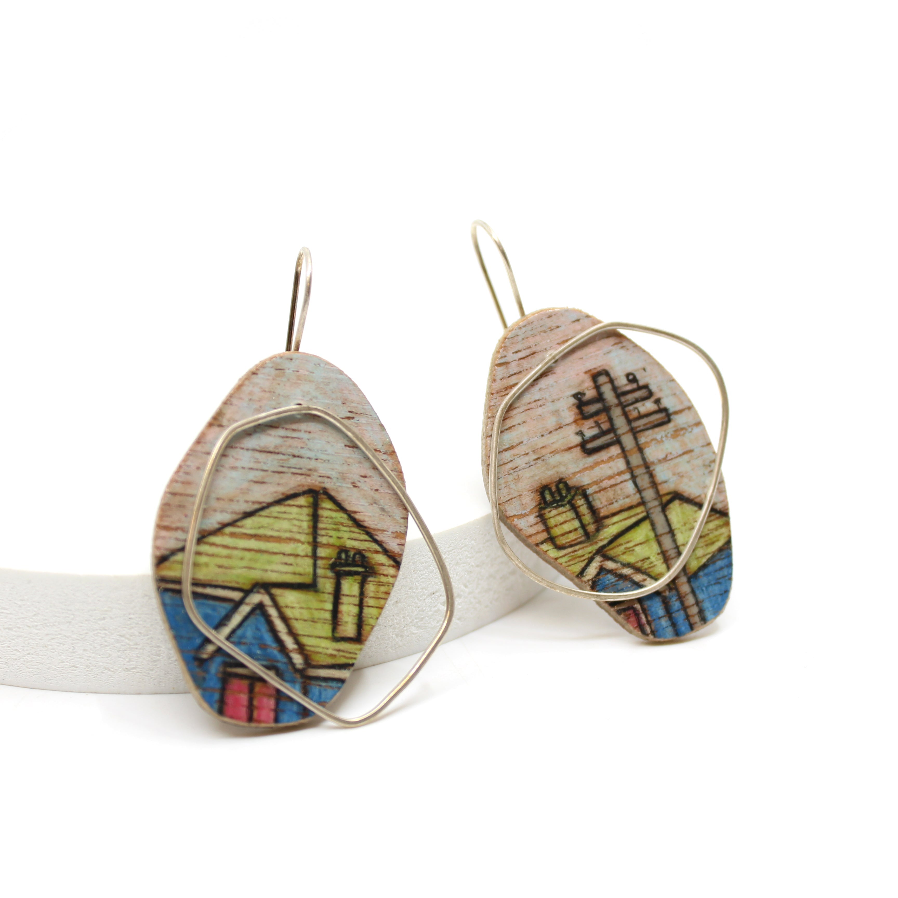 Cityscape on Plywood and sterling silver frame earring L Jewellery Chloe Waddell