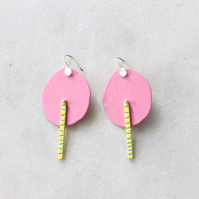 Circle and Stick Hook Earrings: Pink/Yellow