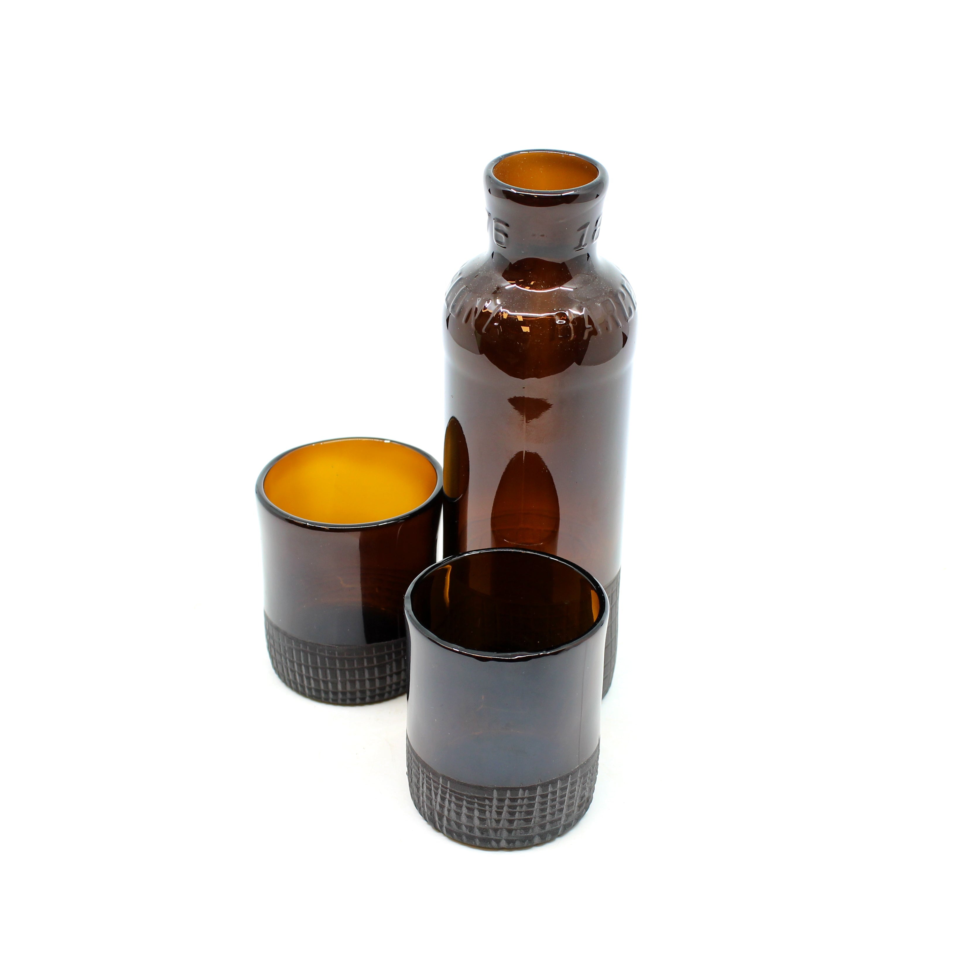 Aaron and Jo Upcycled carafe set (3pc) Glass Aaron Micallef & Jo Bone Brown with crosshatched cutting motif
