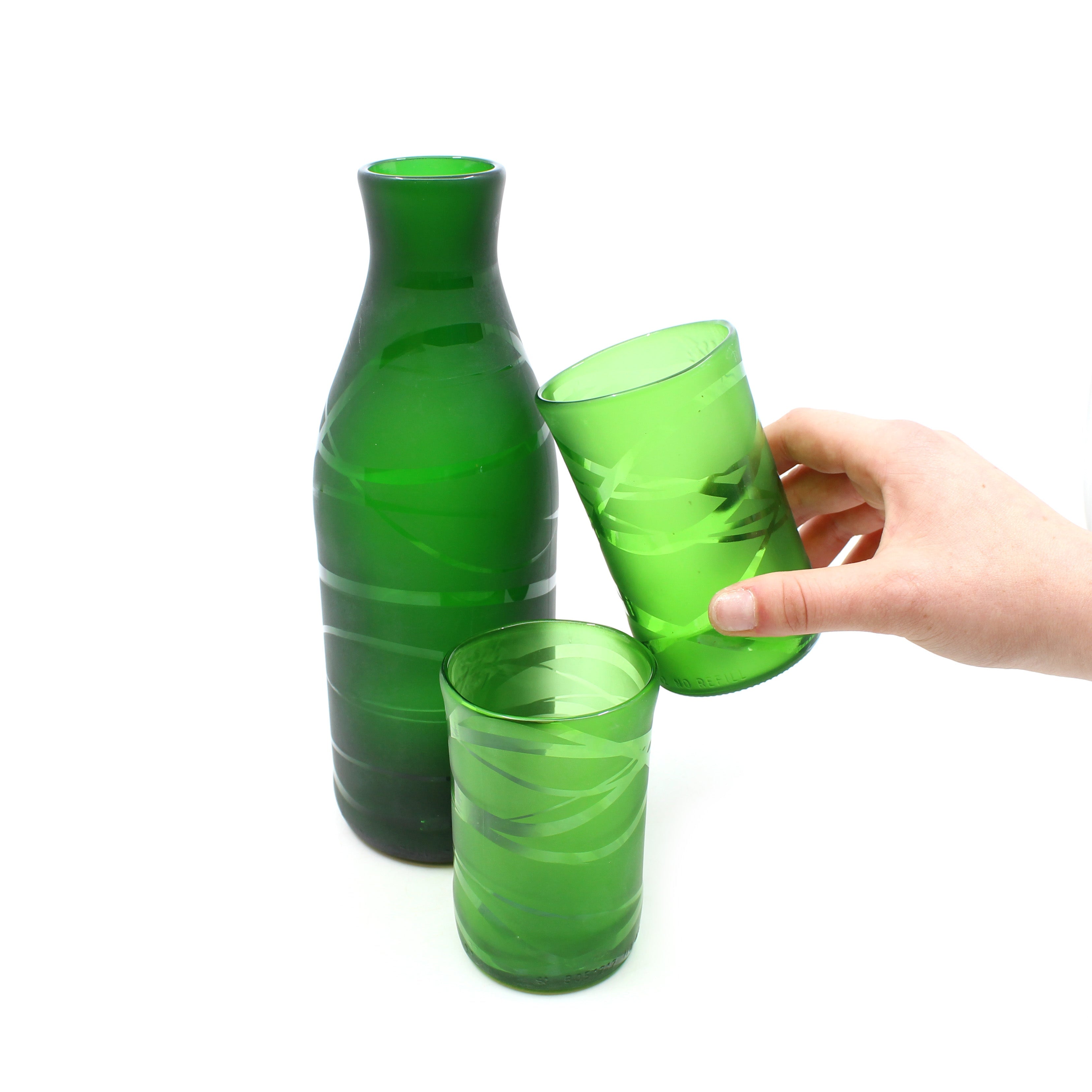 Aaron and Jo Upcycled carafe set (3pc) Glass Aaron Micallef & Jo Bone Green with band motif
