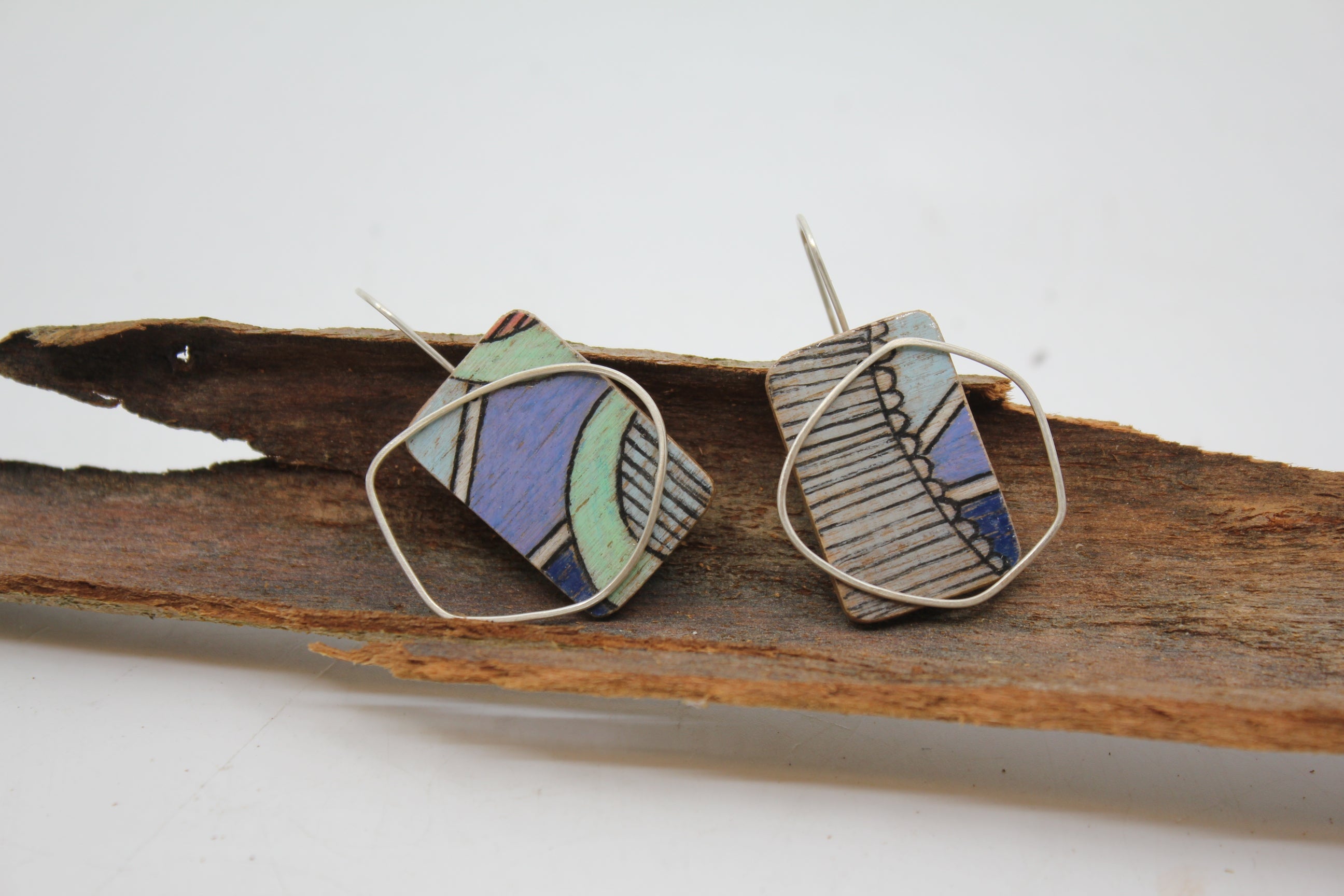 Painted Cityscape Ply and Silver Frame Earrings Med/Large