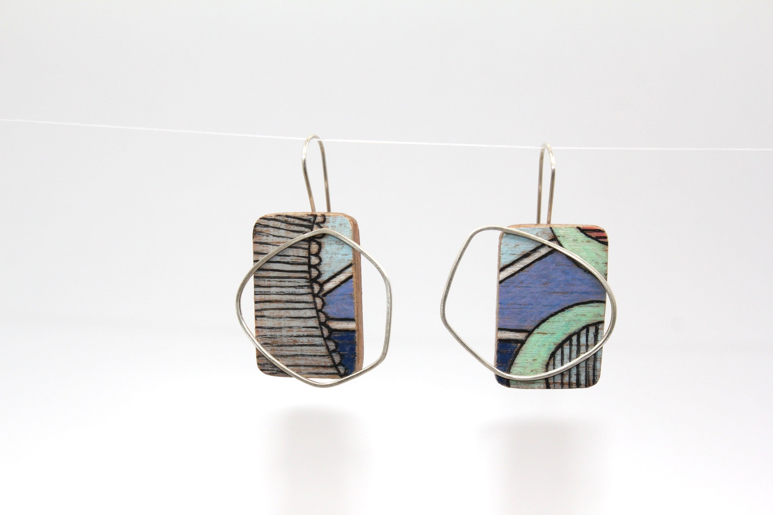 Painted Cityscape Ply and Silver Frame Earrings Med/Large