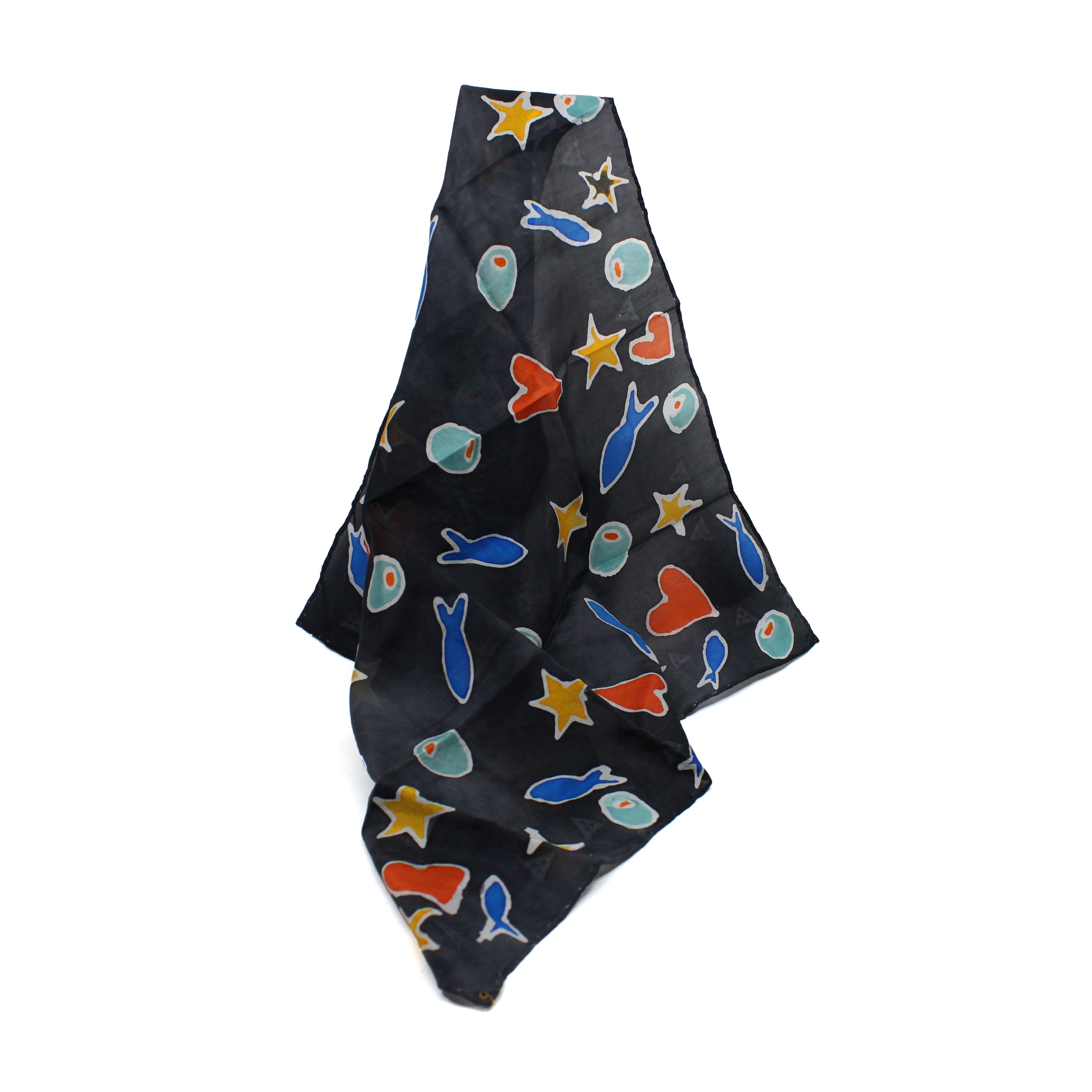 100% Silk habotai scarf - Black with olives, fish and hearts Jewellery Kimi Schieren