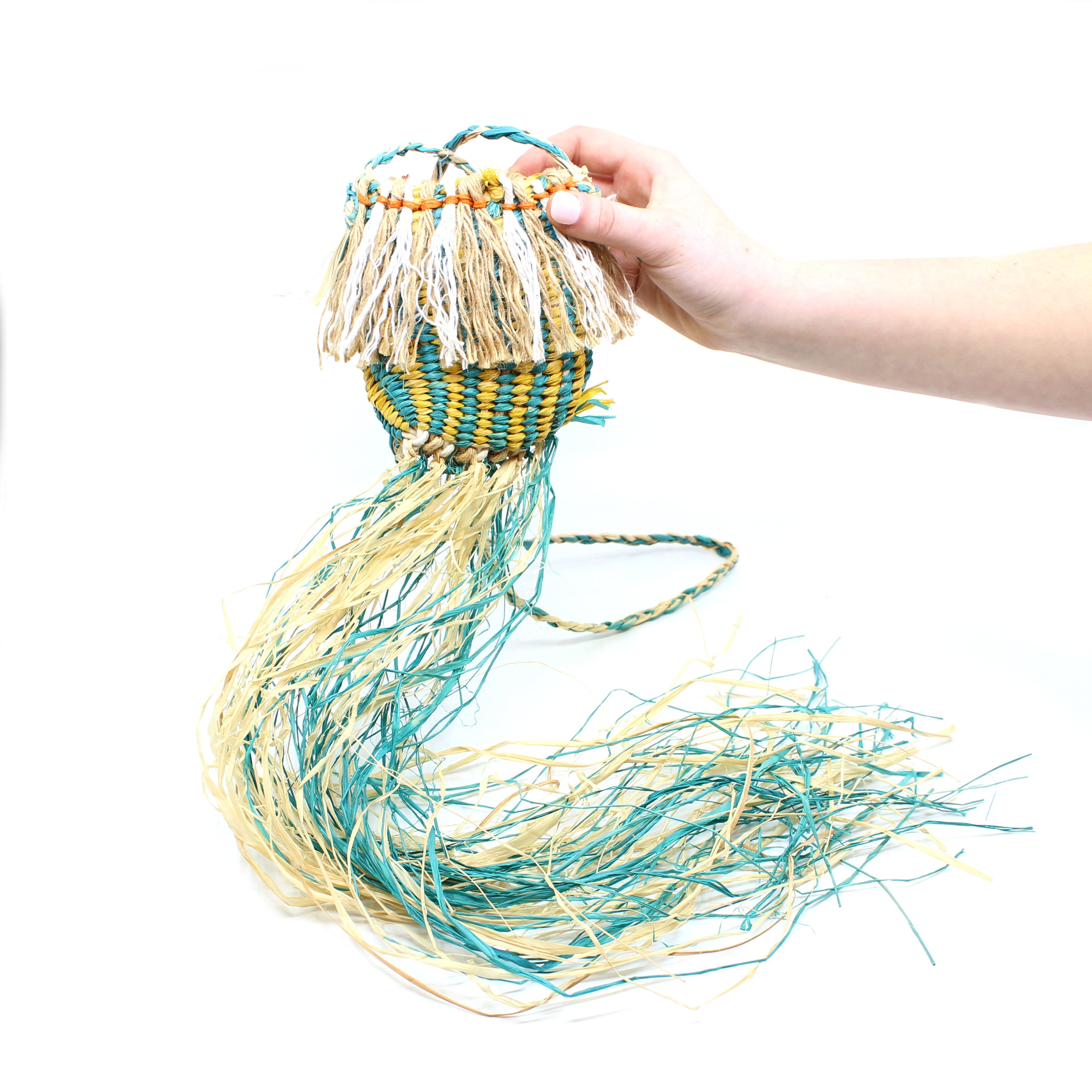 158-19 Bag with Aqua / Yellow Long Strands Fibre MOA Arts