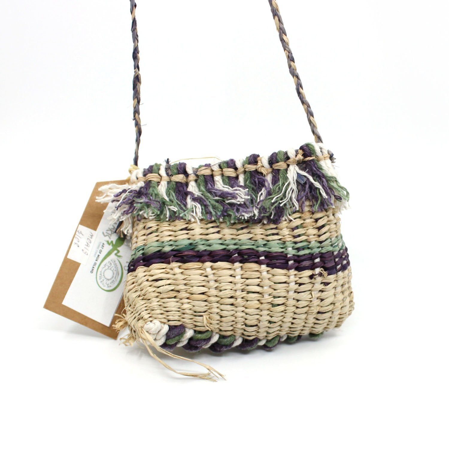 Mini bag (natural, purple, green and white fringing) Fibre Art MOA ARTS