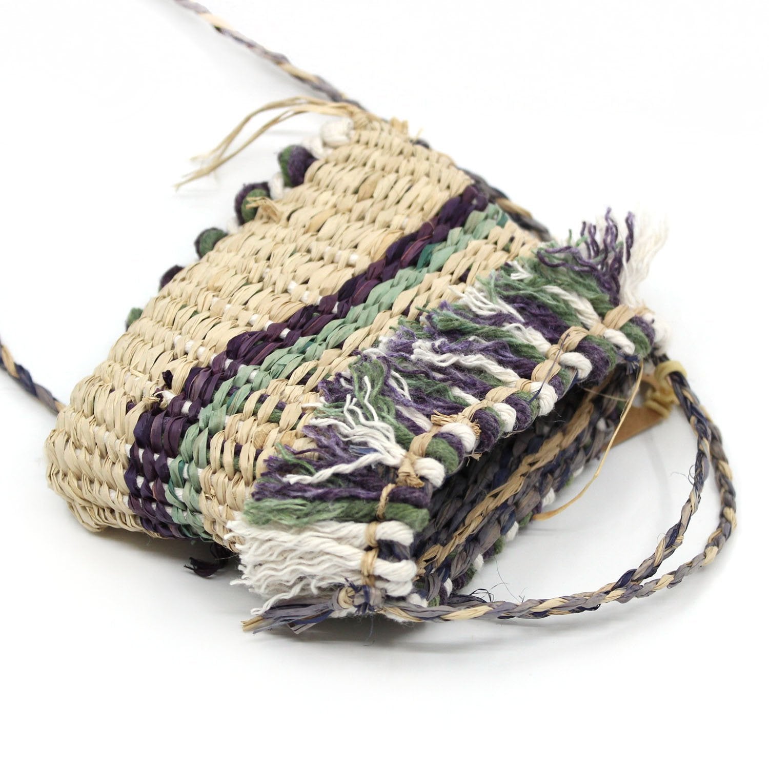 Mini bag (natural, purple, green and white fringing) Fibre Art MOA ARTS