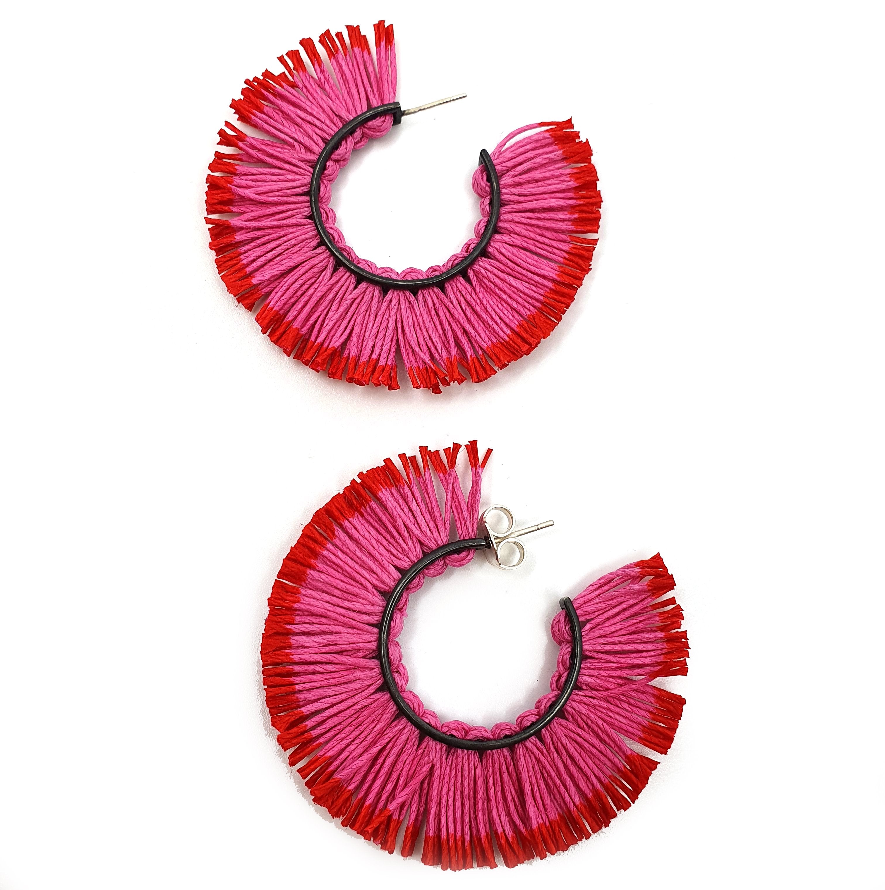 Large Hot Pink & Red Fringed Hoop Earrings
