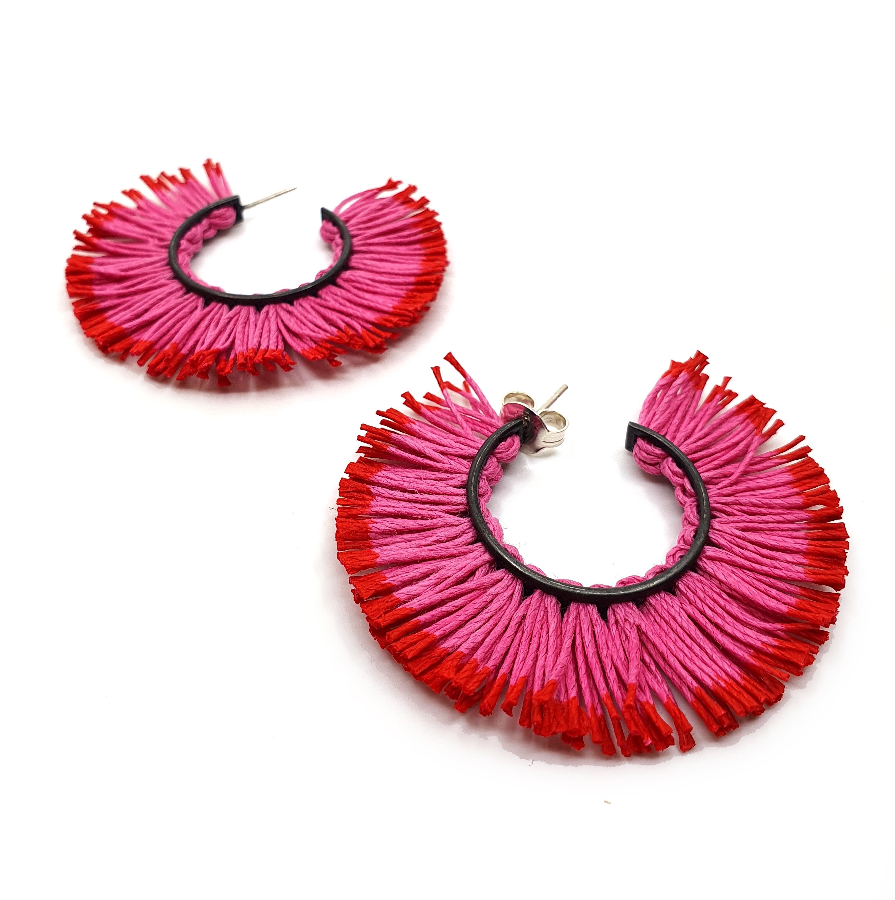 Large Hot Pink & Red Fringed Hoop Earrings