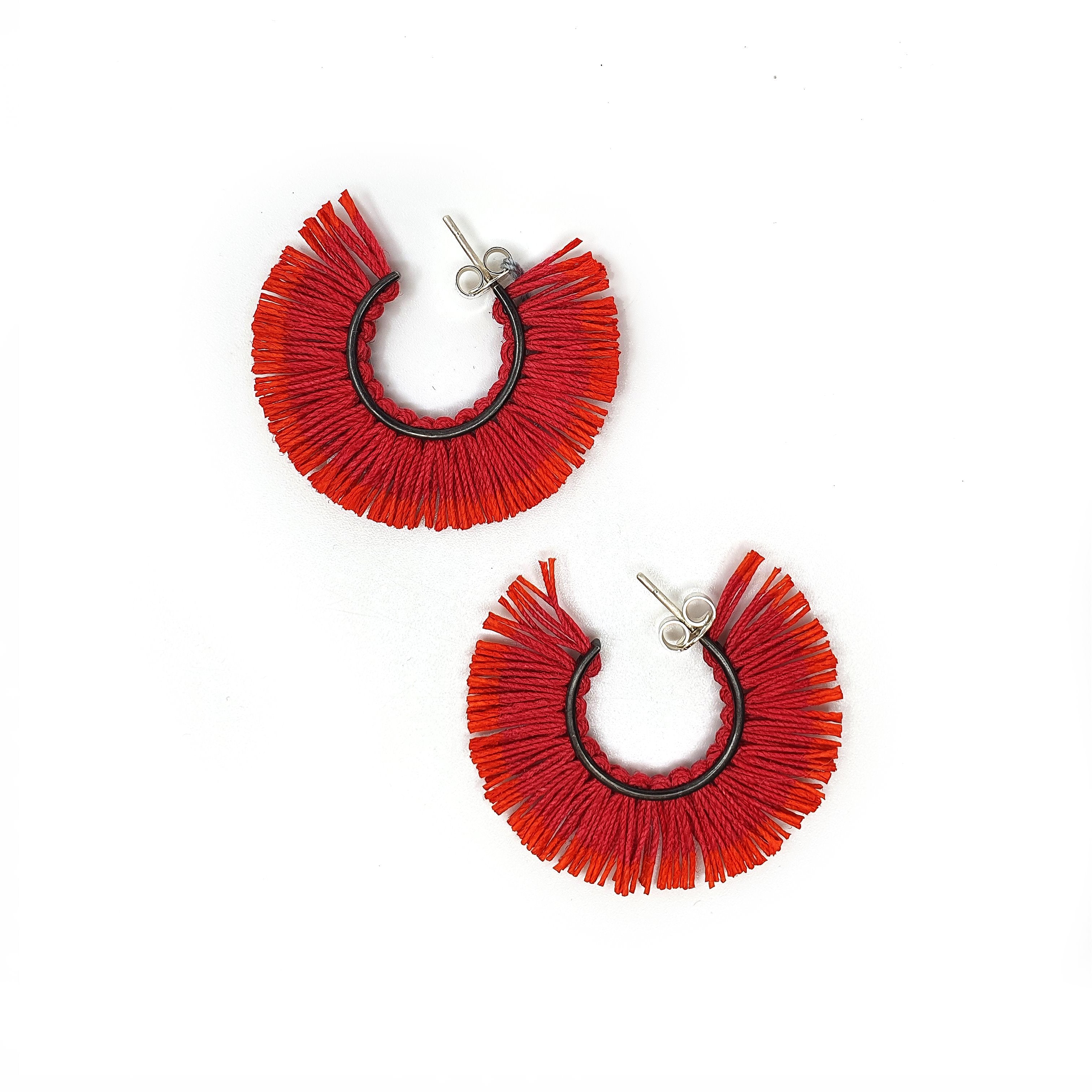 Small Red and Orange Fringed Hoop Earrings