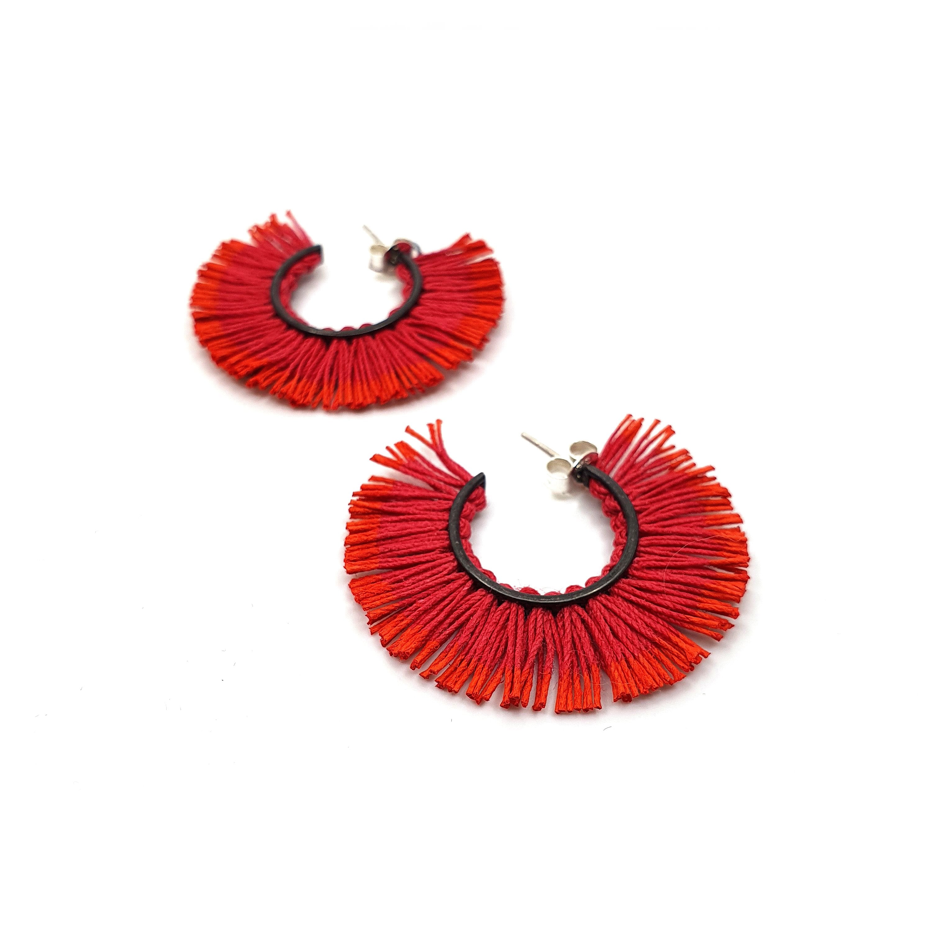 Small Red and Orange Fringed Hoop Earrings