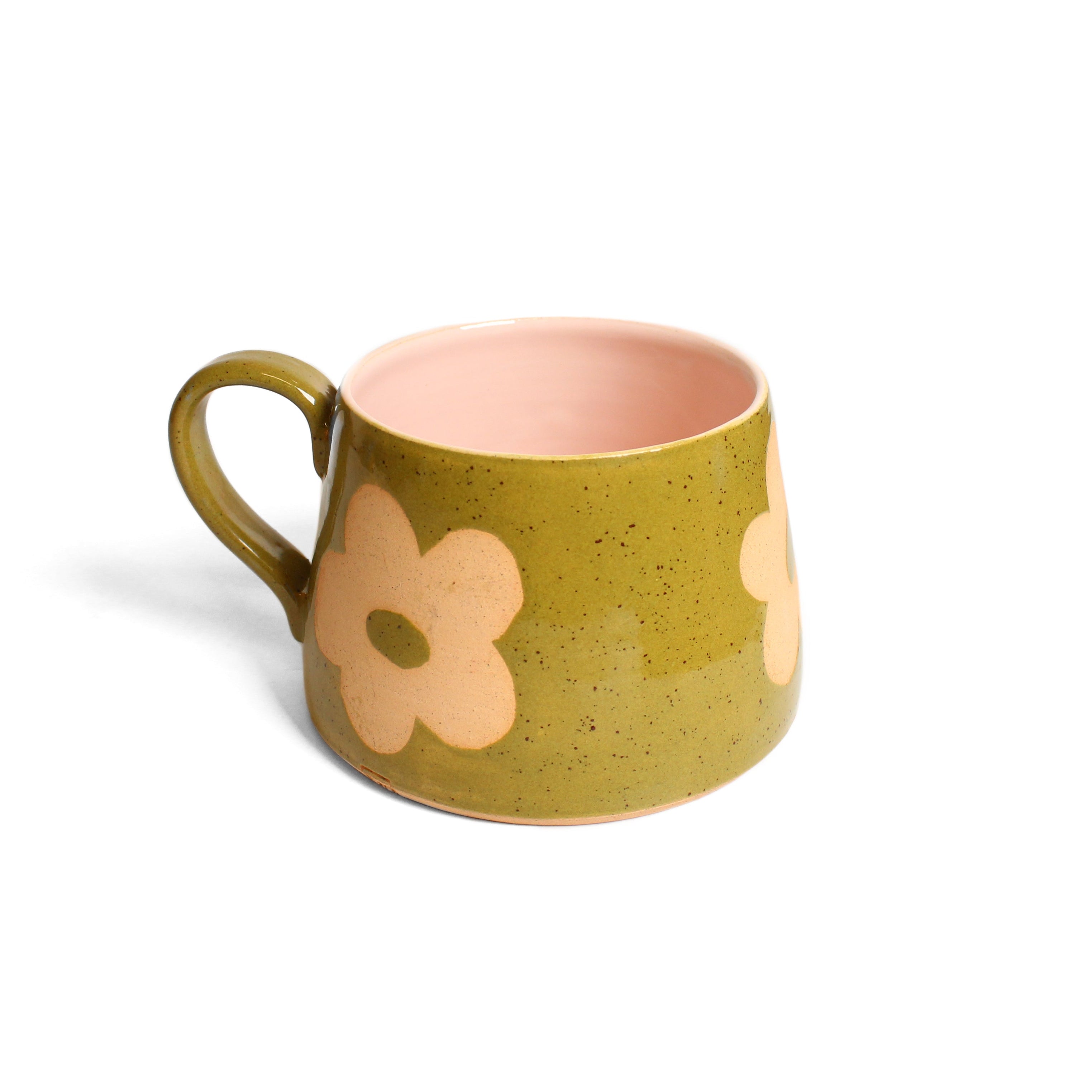 Large retro olive green and pink soup mug Ceramics D H Makers 
