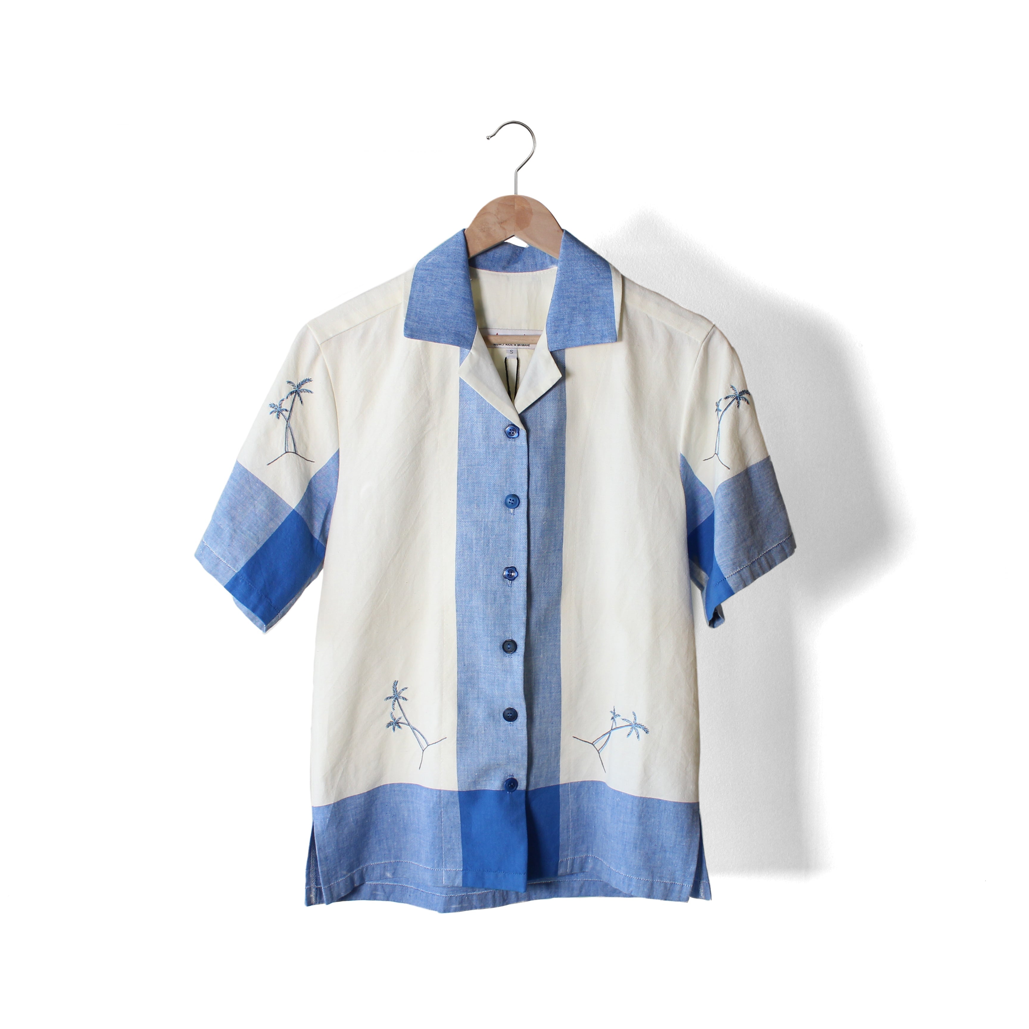 Gentlefolk Shirts (various designs) November 2025 Collection Textiles & Fibre Art a hop and a skip Blue + White Palms - S 