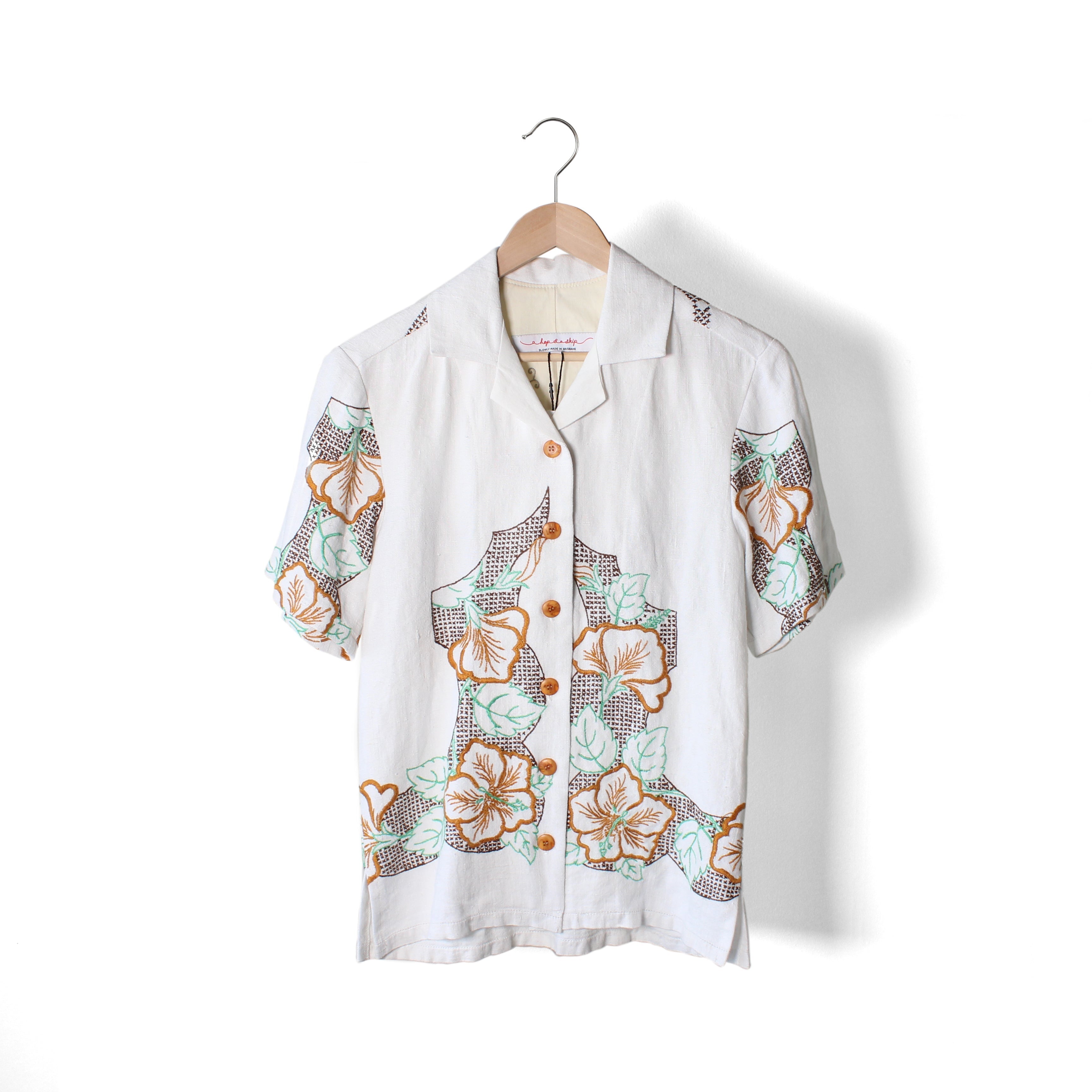 Gentlefolk Shirts (various designs) November 2025 Collection Textiles & Fibre Art a hop and a skip Blue + White Palms - S 