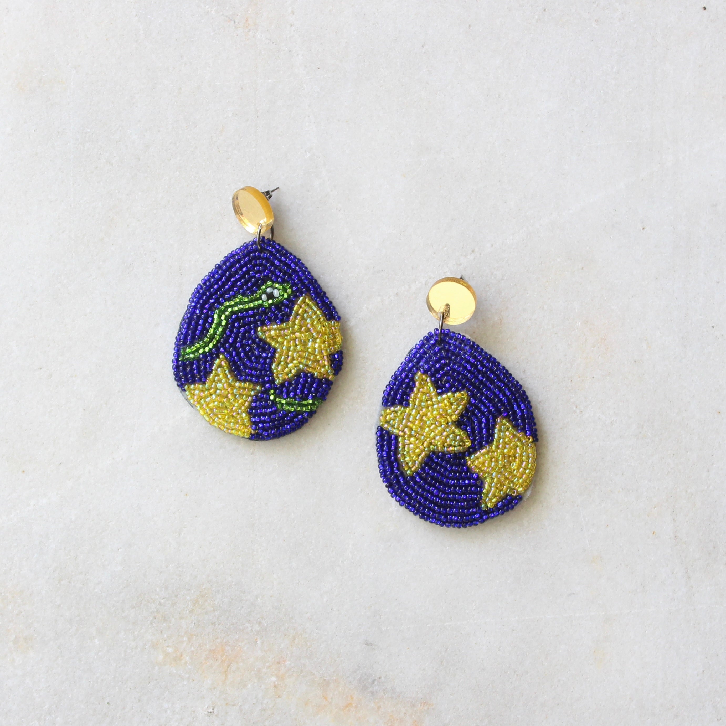 Beaded and leather earring - Stars and Snake on Blue Jewellery Kimi Schieren 
