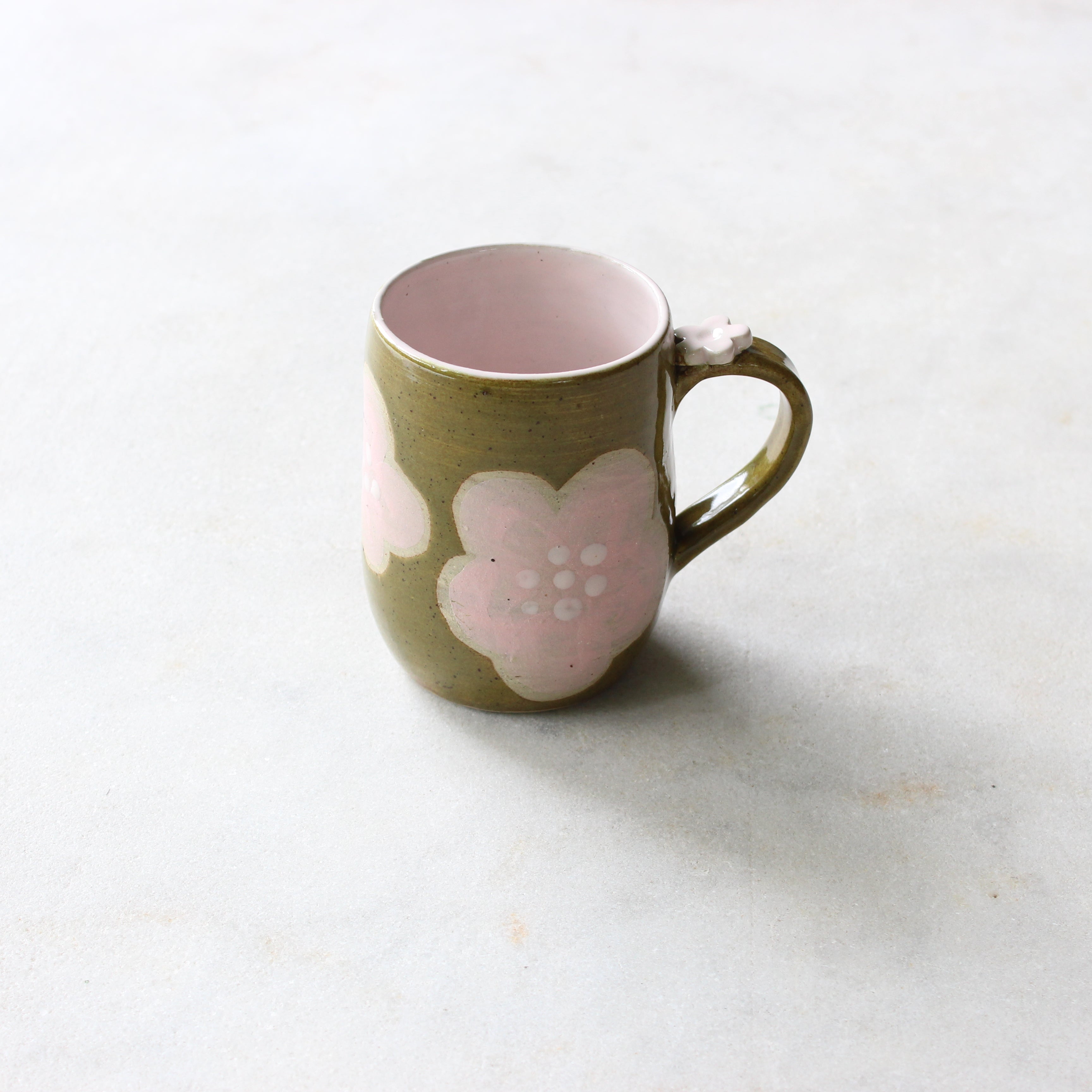 Olive and pink flower coffee cup Ceramics D H Makers 