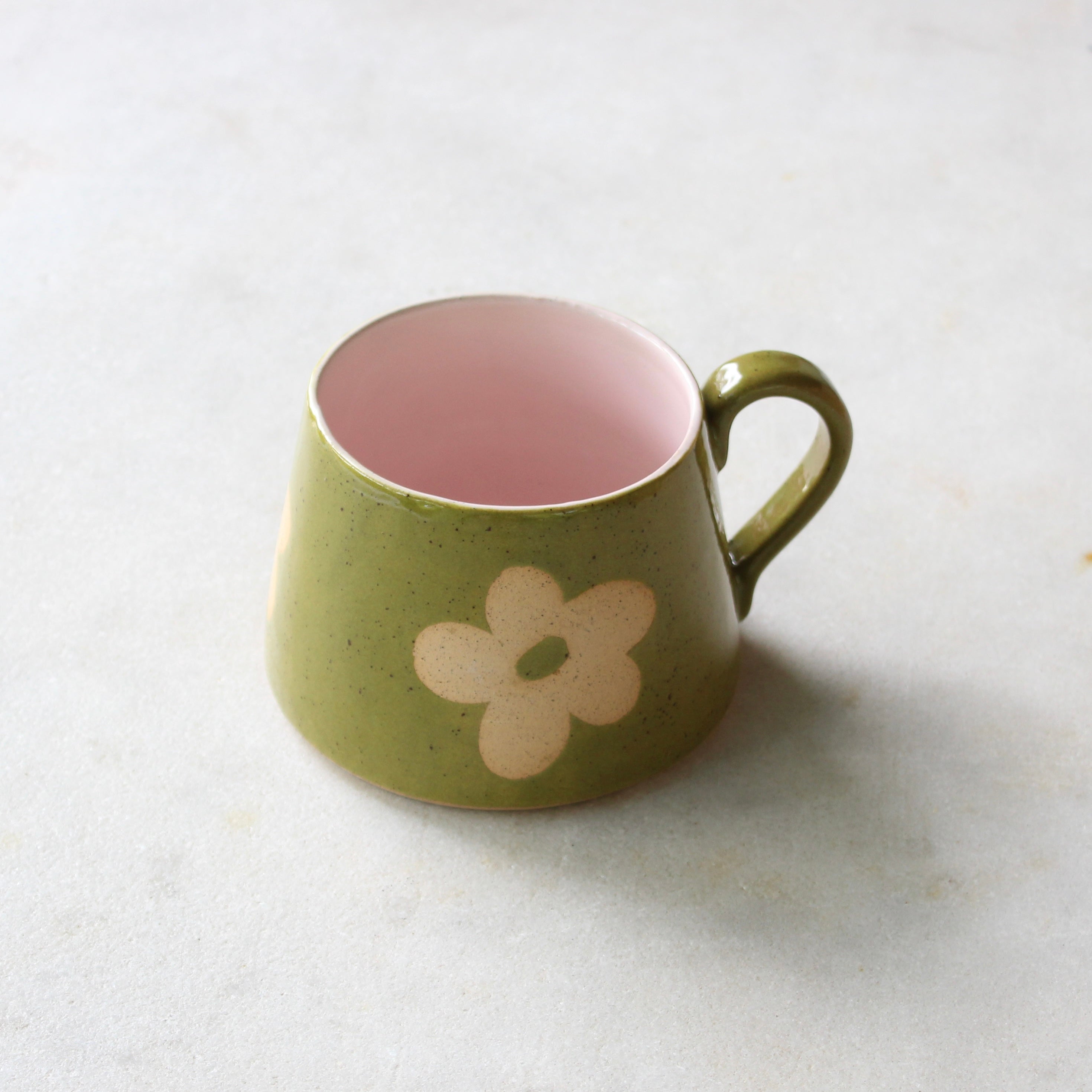 Large retro olive green and pink soup mug Ceramics D H Makers 