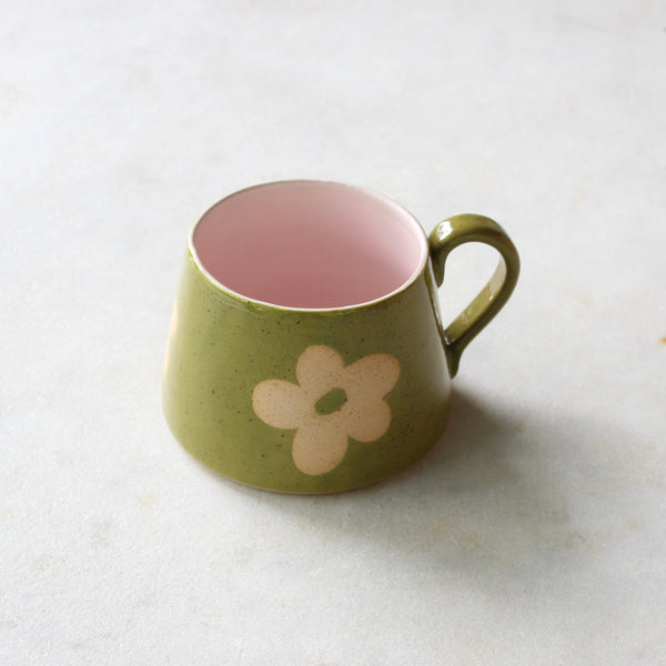 Large retro olive green and pink soup mug Ceramics D H Makers 