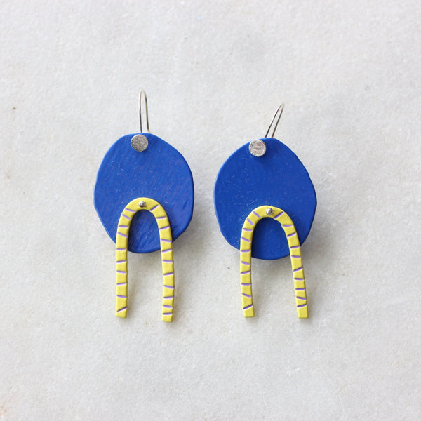 Circle and Arch Hook Earrings: Blue/Yellow Jewellery Katie Stormonth 