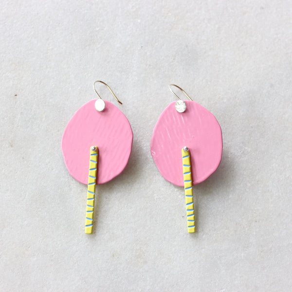 Circle and Stick Hook Earrings: Pink/Yellow Jewellery Katie Stormonth 