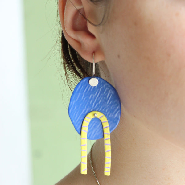 Circle and Arch Hook Earrings: Blue/Yellow Jewellery Katie Stormonth 