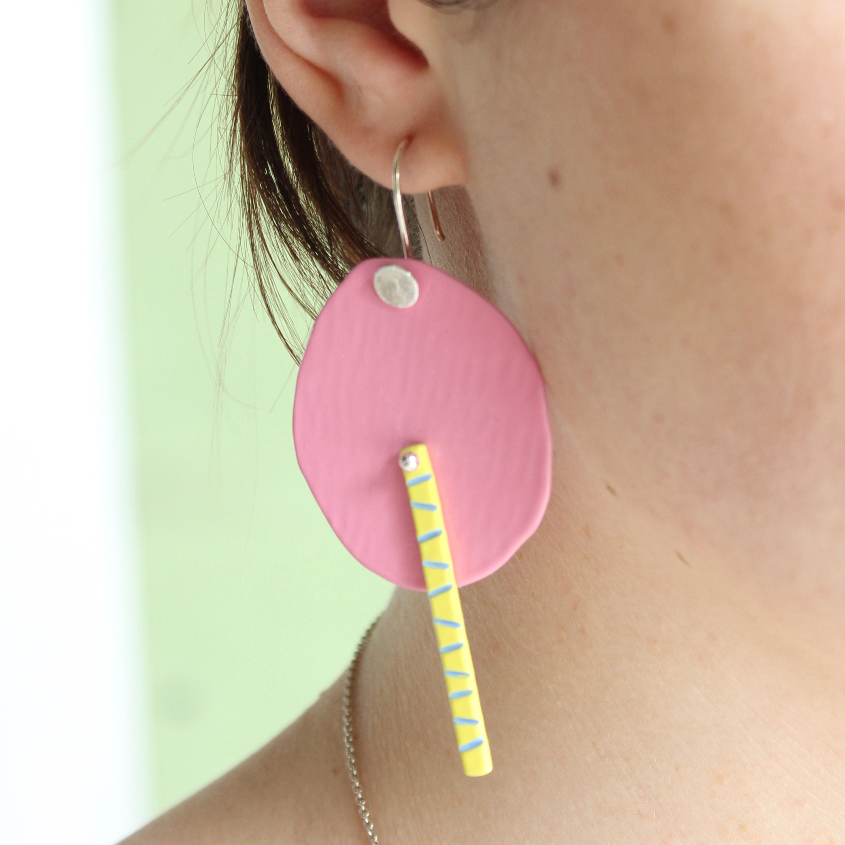Circle and Stick Hook Earrings: Pink/Yellow Jewellery Katie Stormonth 