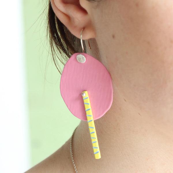 Circle and Stick Hook Earrings: Pink/Yellow Jewellery Katie Stormonth 