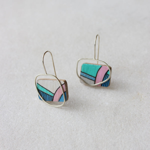 Hand-coloured Plywood Earring with Sterling Silver Frame - M Jewellery Chloe Waddell 1 