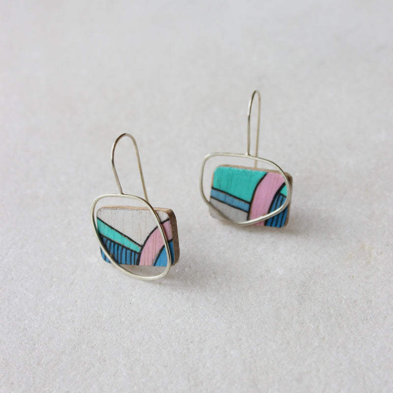 Hand-coloured Plywood Earring with Sterling Silver Frame - M Jewellery Chloe Waddell 1 