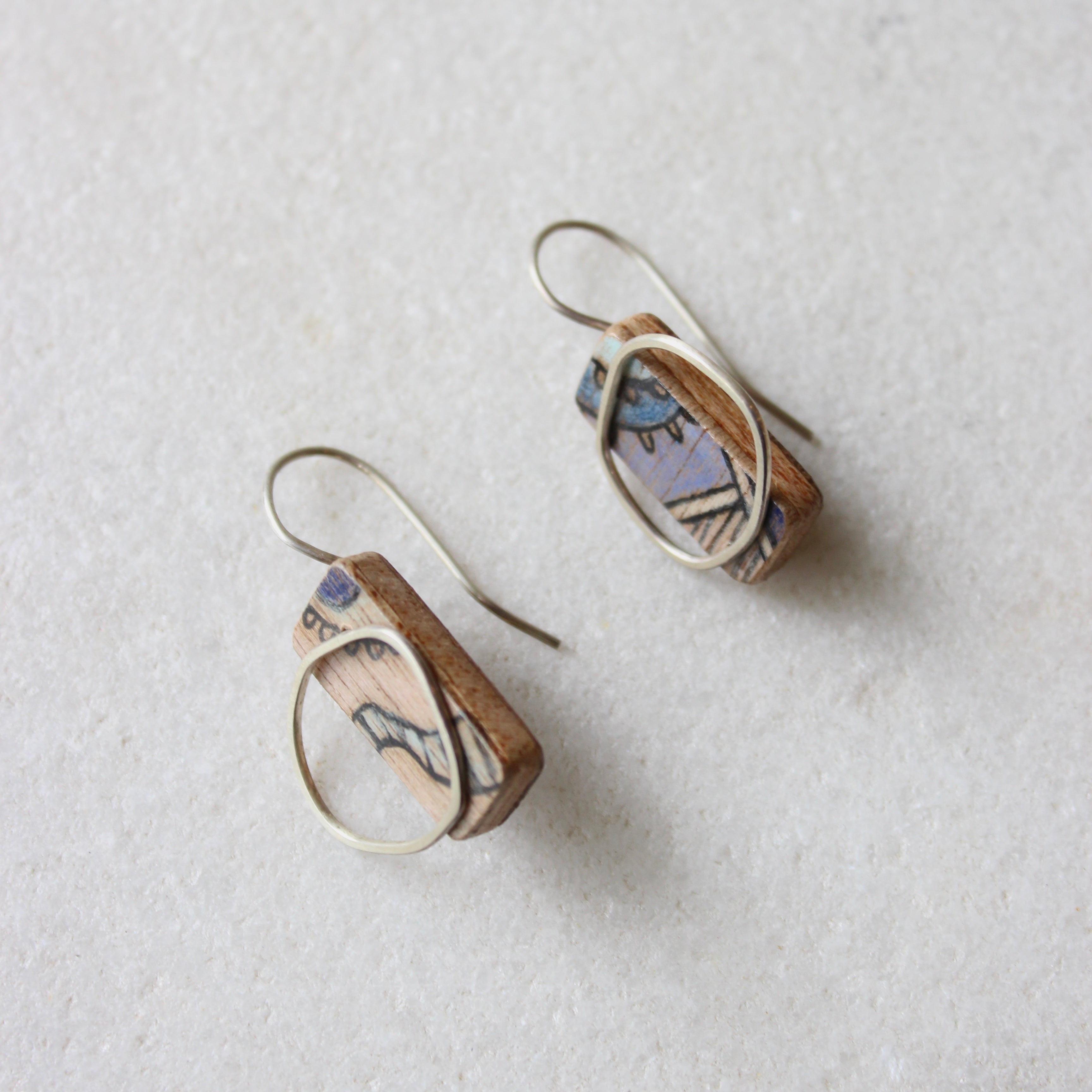 Hand-coloured Plywood Earring with Sterling Silver Frame - S