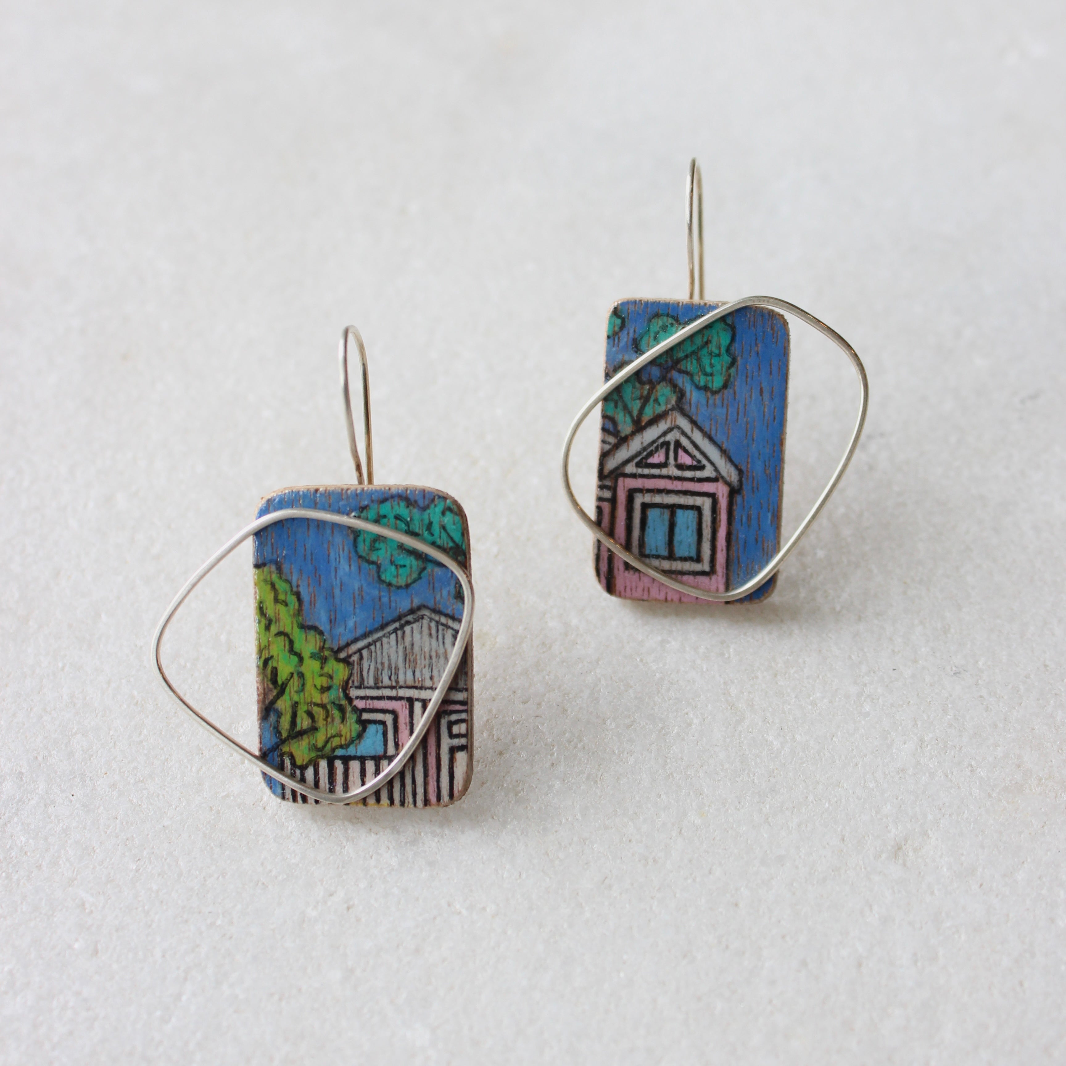 Cityscape on Plywood Earring with Sterling Silver Frame - L