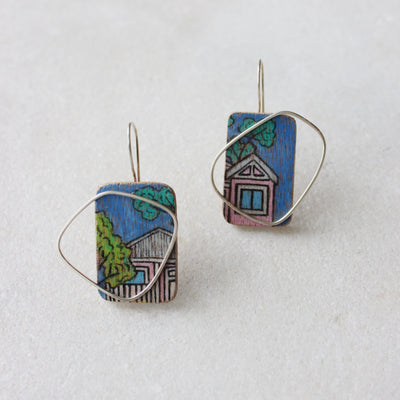 Cityscape on Plywood Earring with Sterling Silver Frame - L