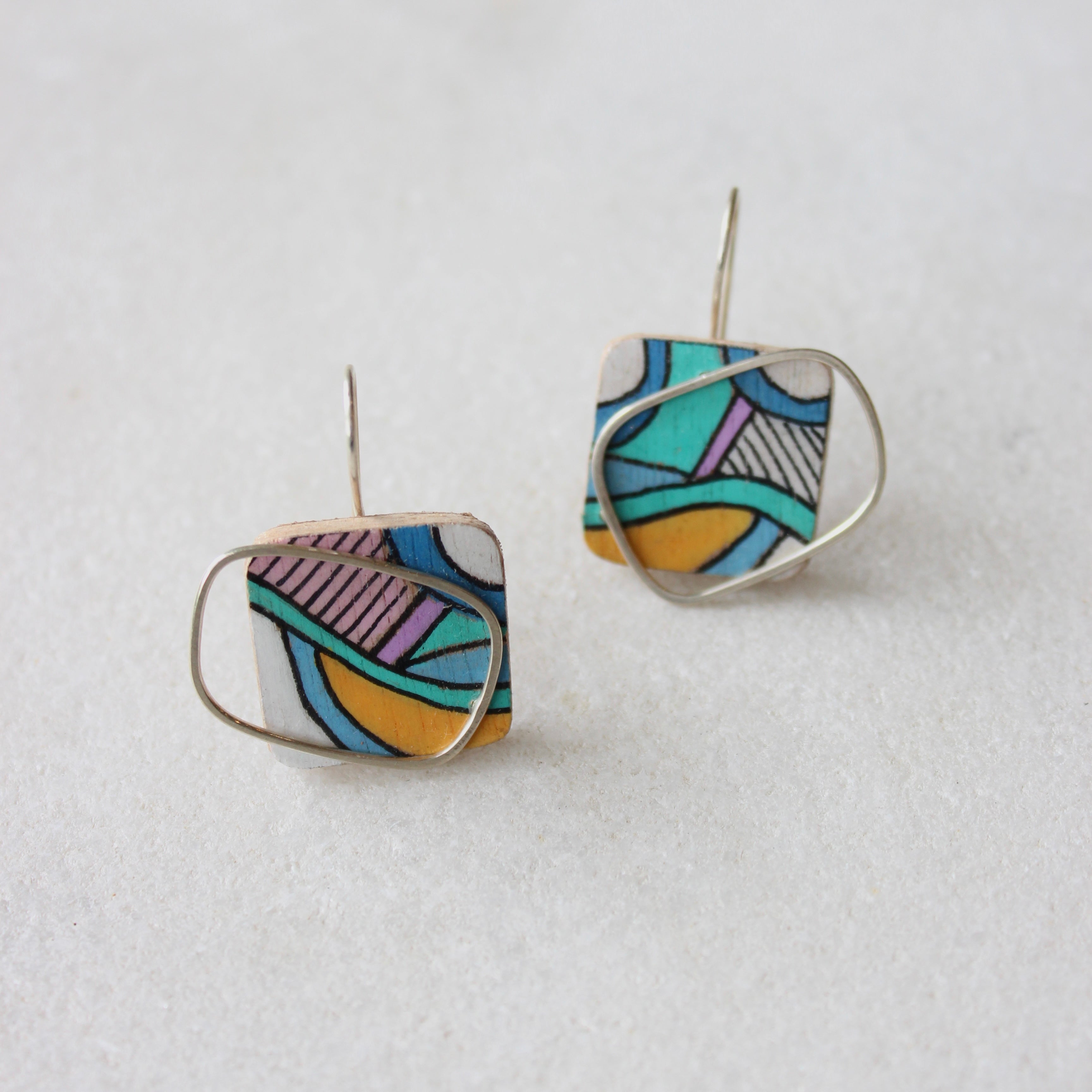 Hand-coloured Plywood Earring with Sterling Silver Frame - M