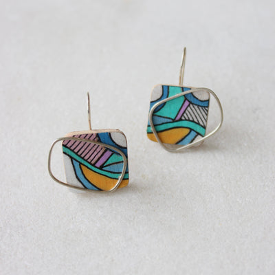 Hand-coloured Plywood Earring with Sterling Silver Frame - M Jewellery Chloe Waddell 2 