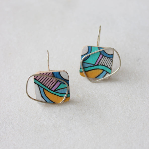 Hand-coloured Plywood Earring with Sterling Silver Frame - M Jewellery Chloe Waddell 1 