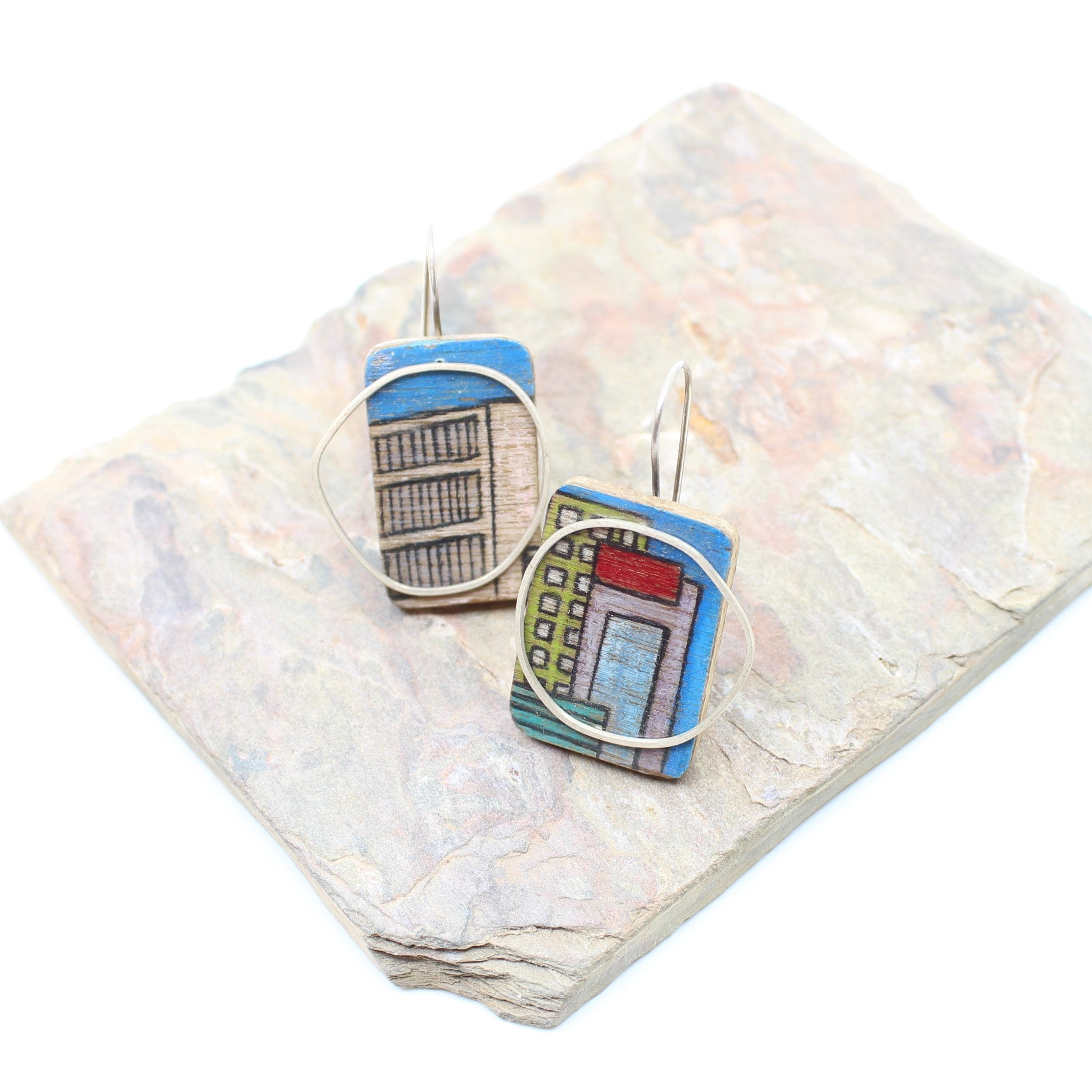 Painted Cityscape ply and silver Earrings