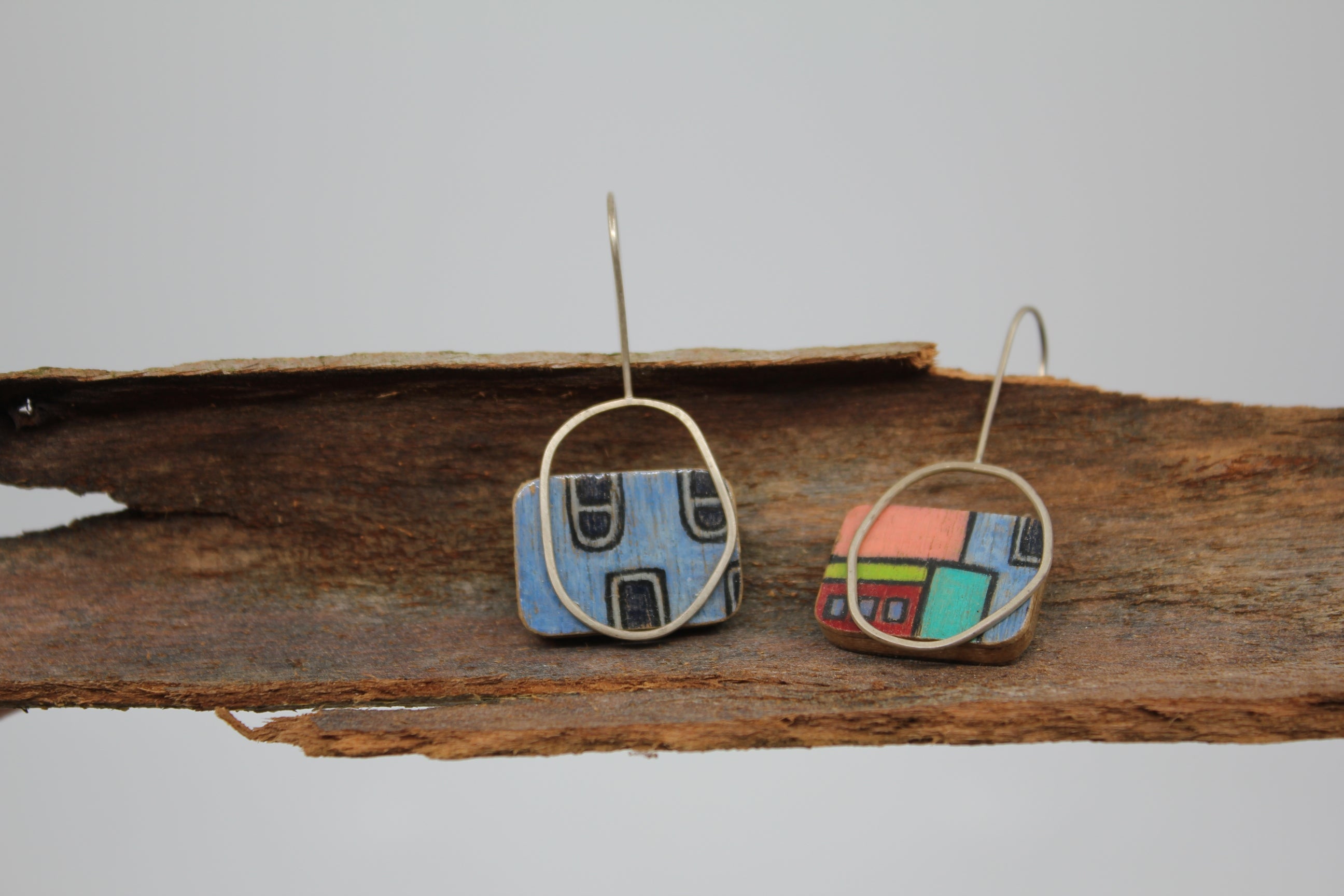 Painted Cityscape ply and silver Earrings Jewellery Chloe Waddell Blue House 