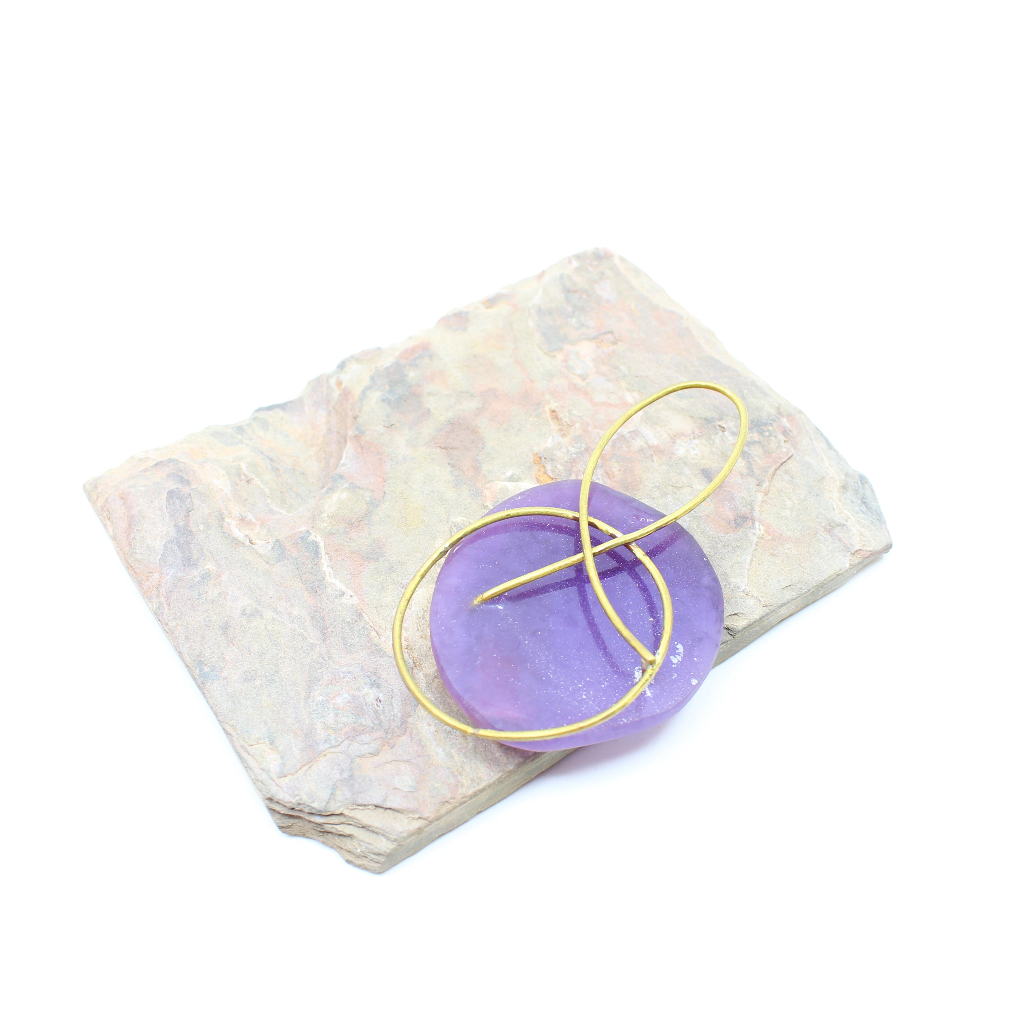 Purple resin and brass swirl brooch