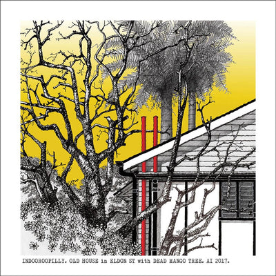 Square Craft Brisbane Greeting Card (various illustrations) Cards Alan Innes Indooroopilly. Old House & Dead Mango Tree. 