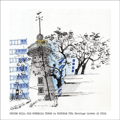 Square Craft Brisbane Greeting Card (various illustrations) Cards Alan Innes Spring Hill. Old Windmill Tower. 