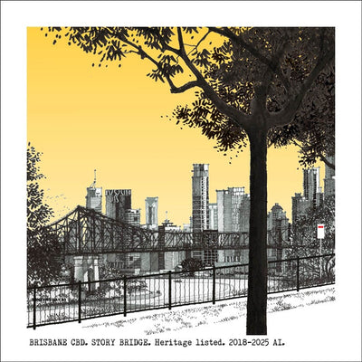Greeting Card Square Cards Alan Innes Brisbane CBD. Story Bridge. Yellow. 