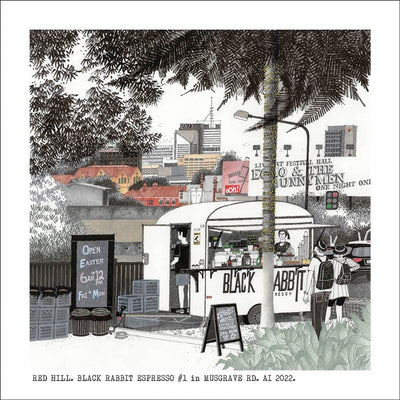 Greeting Card Square Cards Alan Innes Red Hill. Black Rabbit Espresso. 