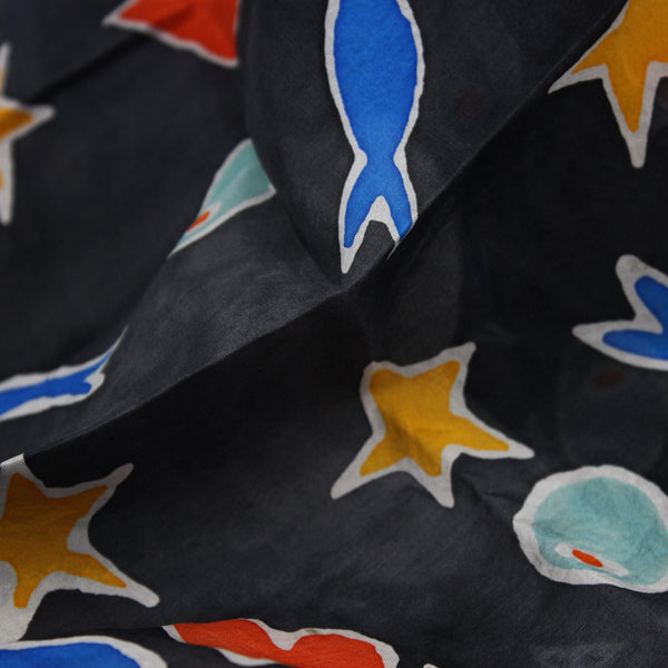 100% Silk habotai scarf - Black with olives, fish and hearts Jewellery Kimi Schieren 