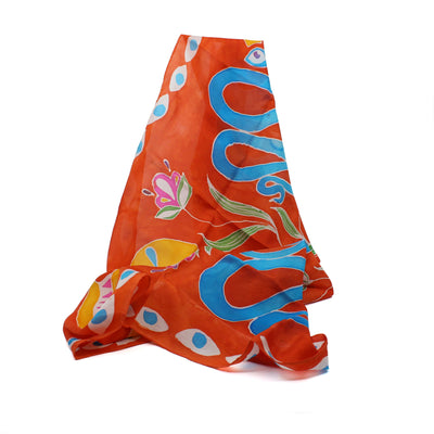 100% Silk habotai scarf - red with vase and snake