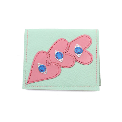 Card Wallet Textiles & Fibre Art Kimi Schieren Blue Eyed Pink Hearts on Mint 