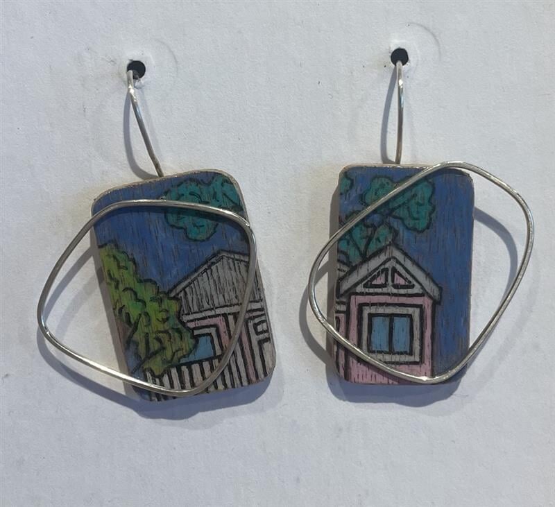 Cityscape on Plywood and sterling silver frame earring L Jewellery Chloe Waddell 