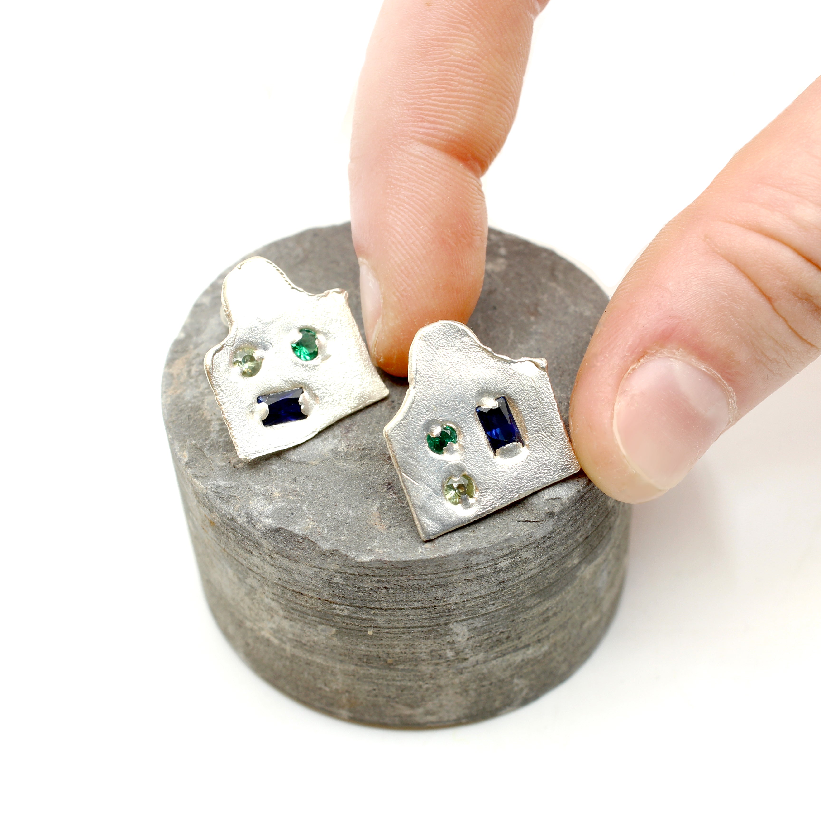 Sapphires and Emeralds in Sterling Silver Studs