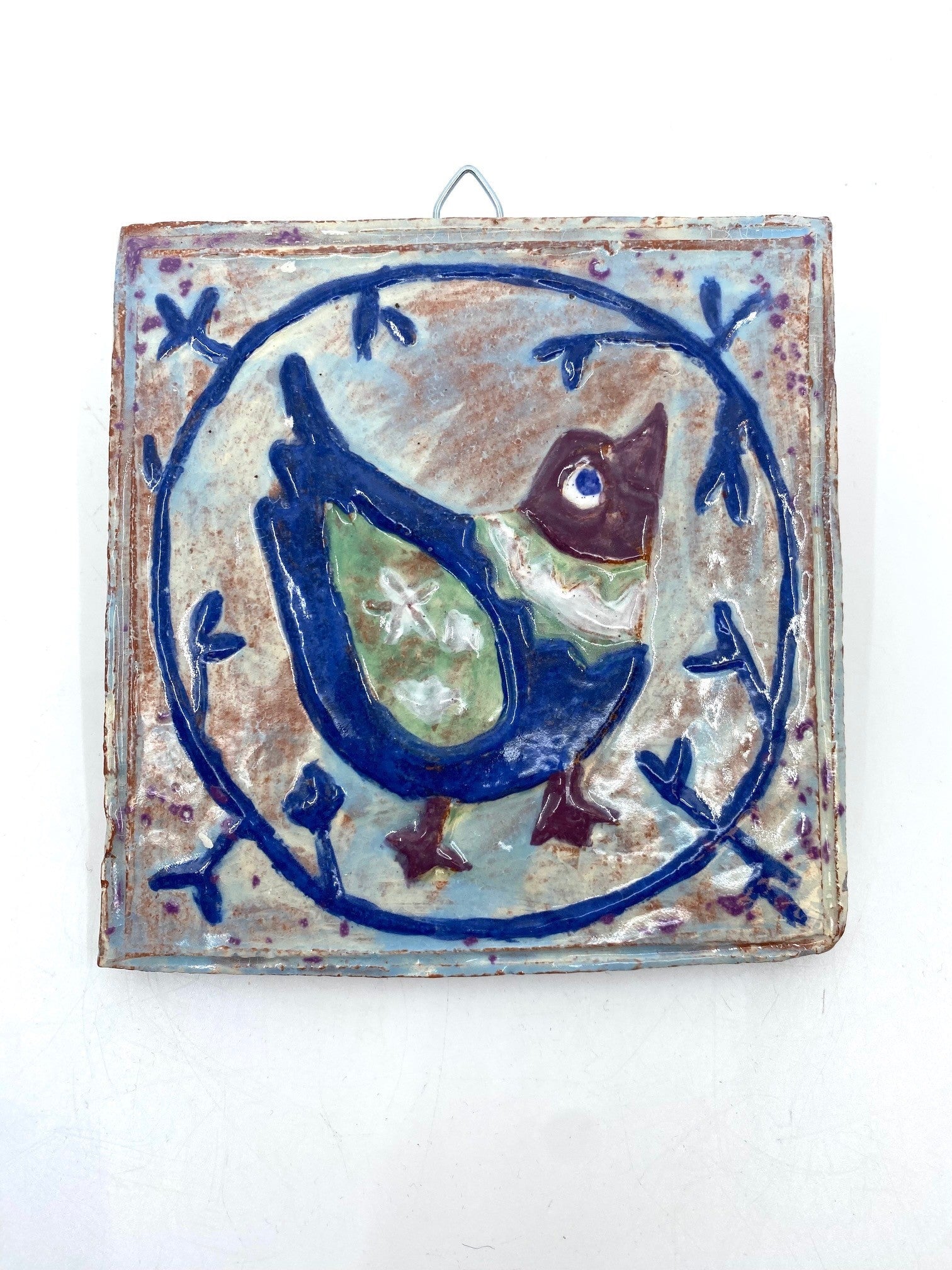Ceramic Wall Tiles Sculpture & Art object Barbara George Blue Bird in Cirlce Vine 